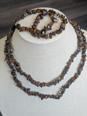 Long Tiger's Eye Beaded Necklace with 2 Matching Stretch Bracelets